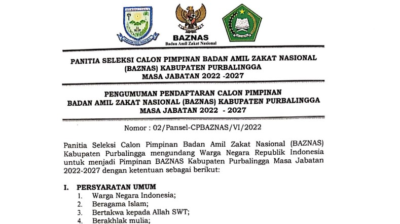 Pengumuman Seleksi Calon Pimpinan Baznas Kab. Purbalingga